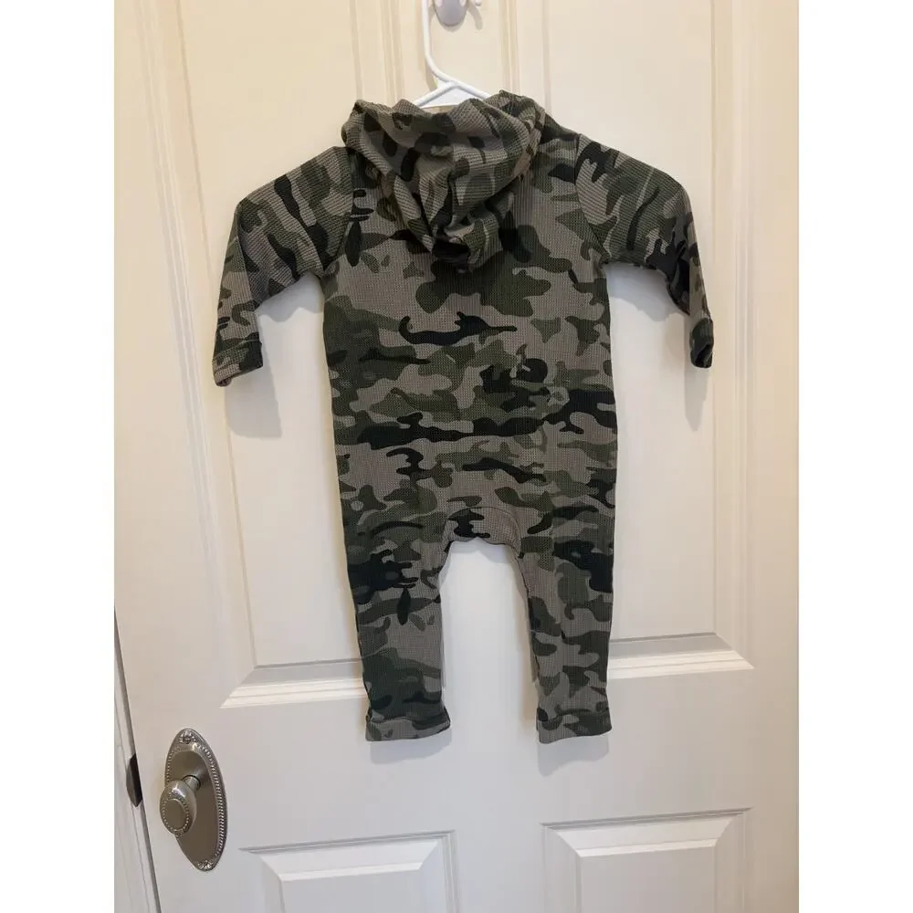 Mud Pie Baby Boy Long Sleeve Hooded Thermal Green Camo Romper Size 12-18 Months